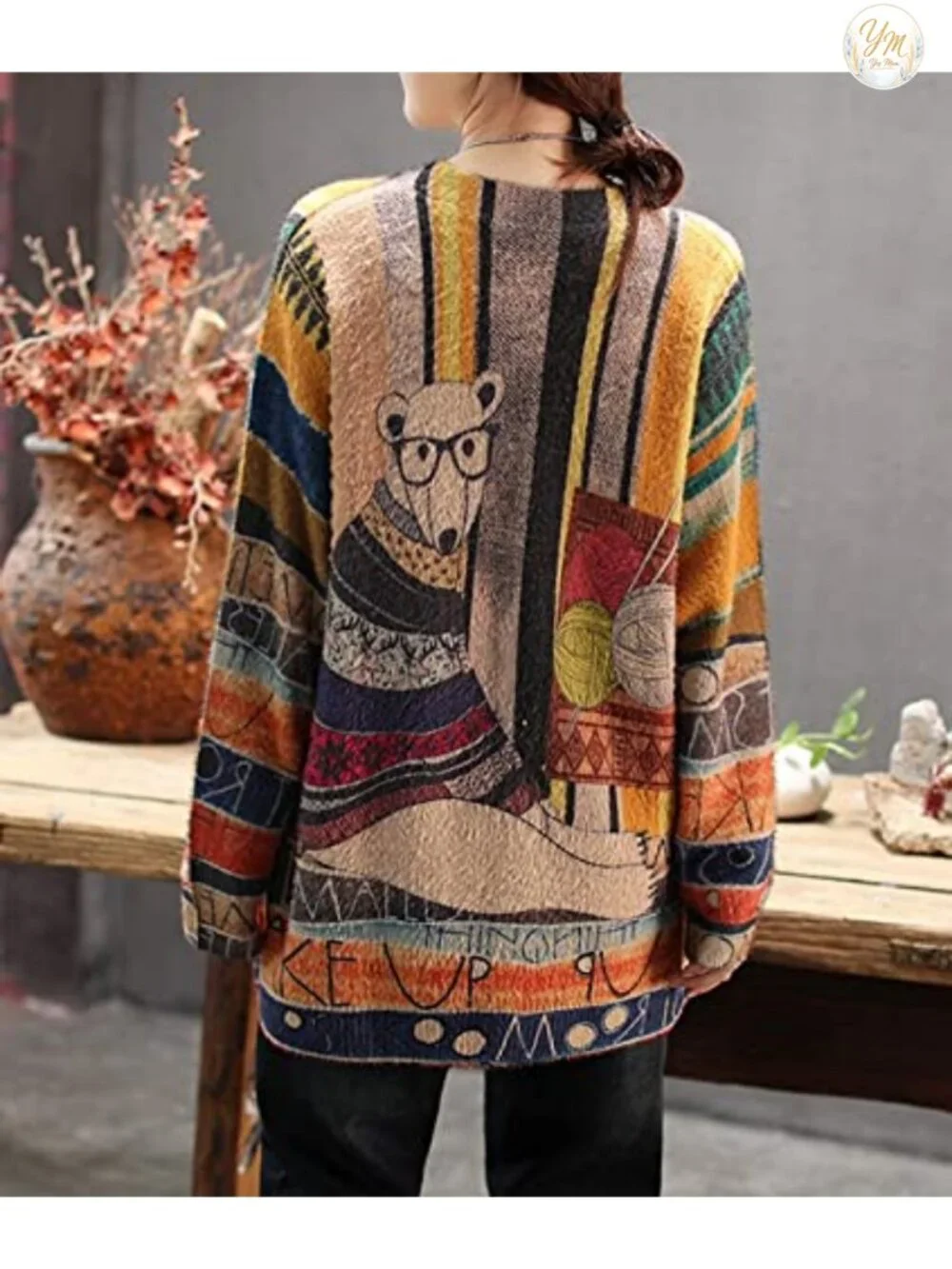 Women's Oversized Graphic Cat Print Pullover Sweater Crew Neck Long Sleeve Knit